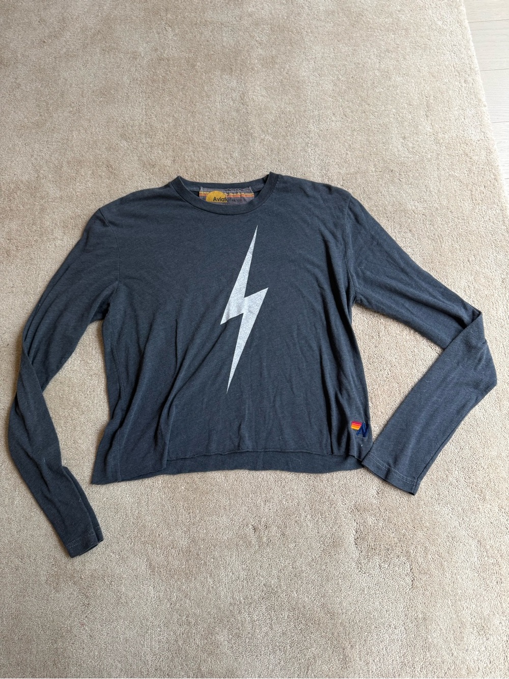 Aviator Nation Charcoal Long Sleeve Tee with Silver Lightning Bolt